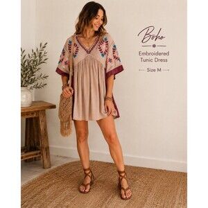 Easel Los Angeles 100% Cotton Embroidered Boho Babydoll Dress Medium Bell Sleeve